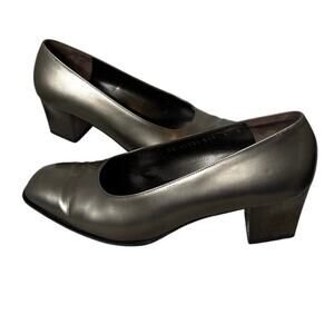 Vtg 90s Salvatore Ferragamo Pewter Metallic Textured Low Block Heel Pumps 6 B